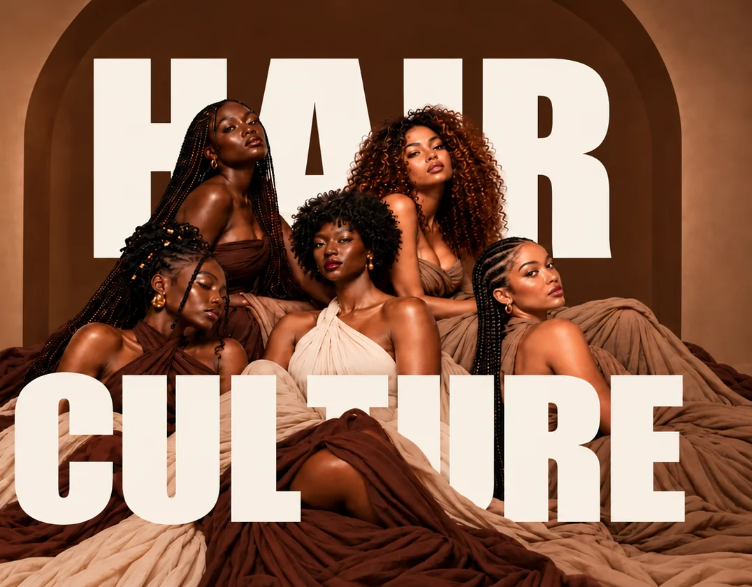 Hair Culture campaign. Five women in chocolate, ivory and taupe drapery: long microbraids, caramel highlighted curls, a short natural afro, locs with gold accents and cornrows.