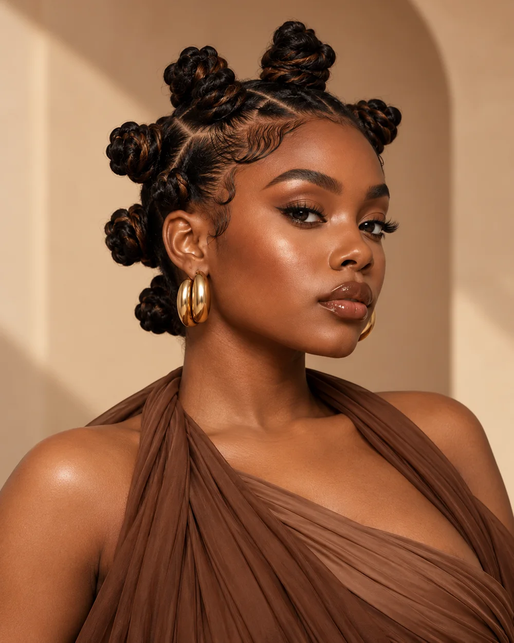 Model in profile with Bantu knots, gold hoop earrings and a cocoa drape