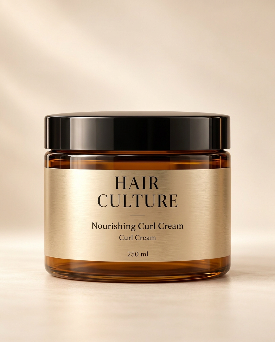 Nourishing Curl Cream, amber jar with champagne label, 250 ml
